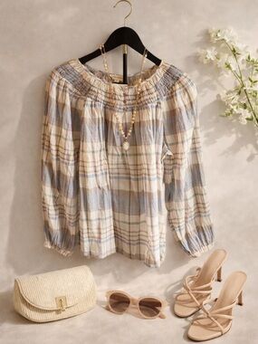 NWT Lucky Brand Boho Peasant Blouse Plaid Spring Cottagecore Size Medium